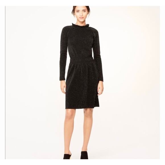 Tory Burch Black Isabelle Wool Metallic Knit Ruffle Neck Sweater Dress Large - Picture 2 of 12
